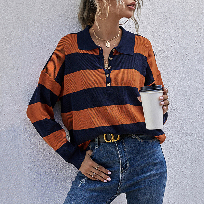 Women's Striped Polo Collar Knit Sweater with Button Row Detail Chichicherry