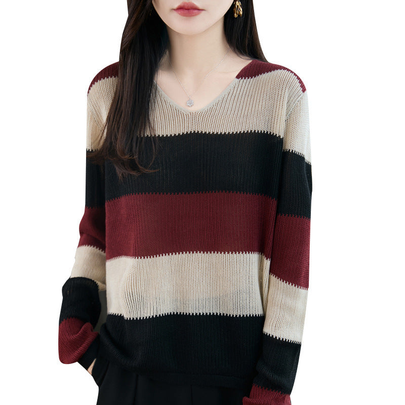 Women Light V-Neck Fine Knit Sweater with Wide Block Stripes and Relaxed Fit Chichicherry