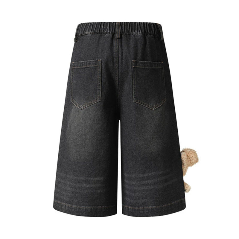 Women's playful denim culotte shorts with a high comfort waistband, allover doodle print & teddy pendant Chichicherry