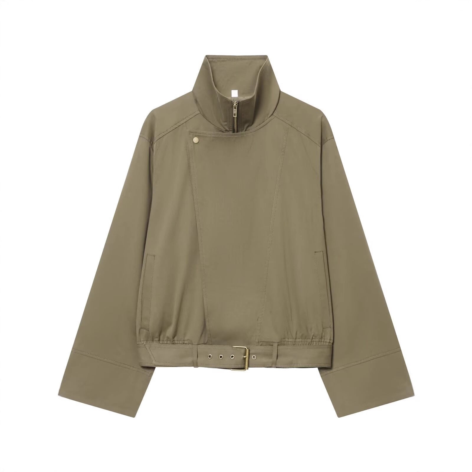 Women's short jacket with high stand-up collar, concealed zipper, and waist belt Chichicherry