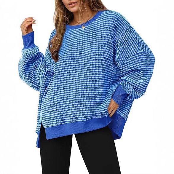 Women Striped Oversize Sweater with Round Neck and Side Slits Chichicherry