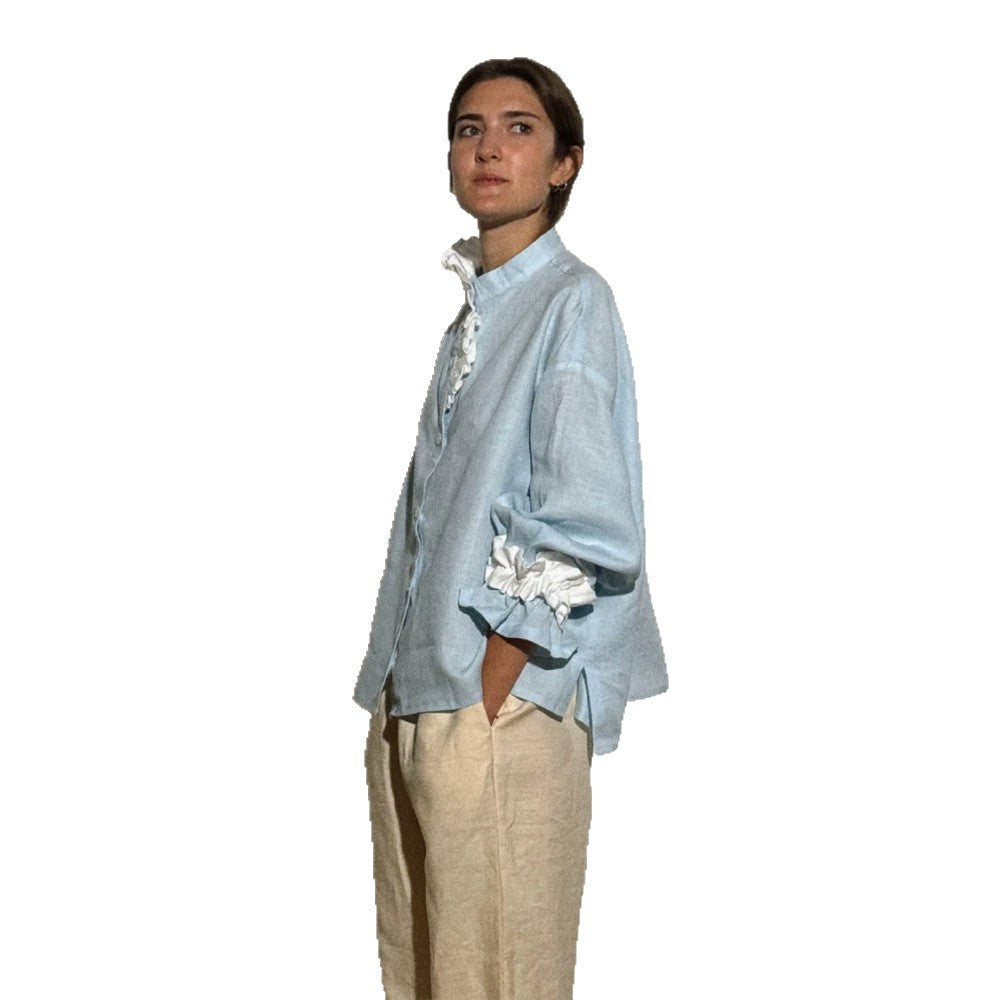 Women's lightweight linen blouse with stand-up collar, oversized silhouette and gathered cuffs Chichicherry
