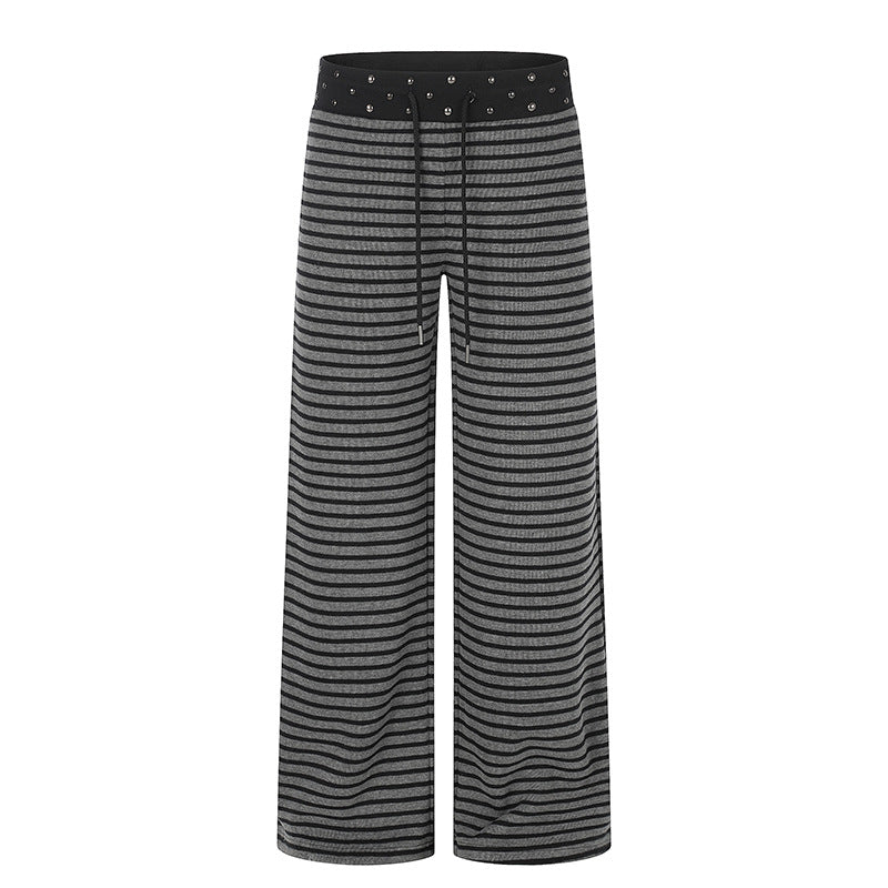 Women's Striped Palazzo Relax Pants with Studded Waistband and Drawstring Chichicherry