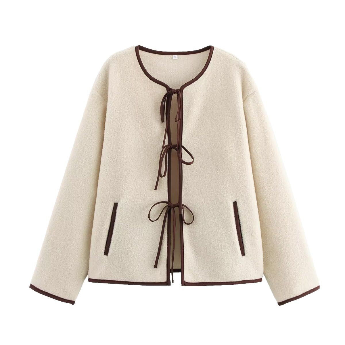 Women's Short Cut Teddy Fleece Jacket with Ties and Contrast Piping Chichicherry