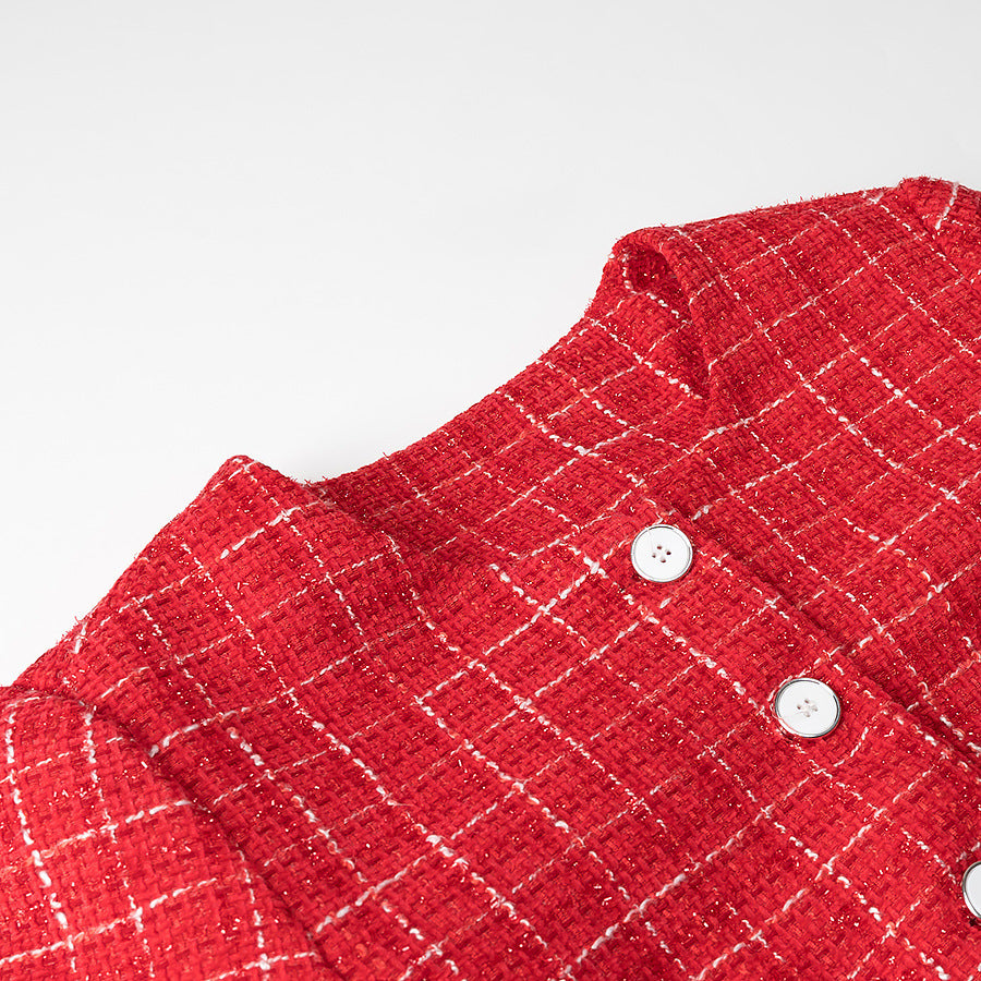 Women's Short-Cut Boucle Tweed Blazer with Round Neck, Decorative Buttons and Patch Pockets Chichicherry