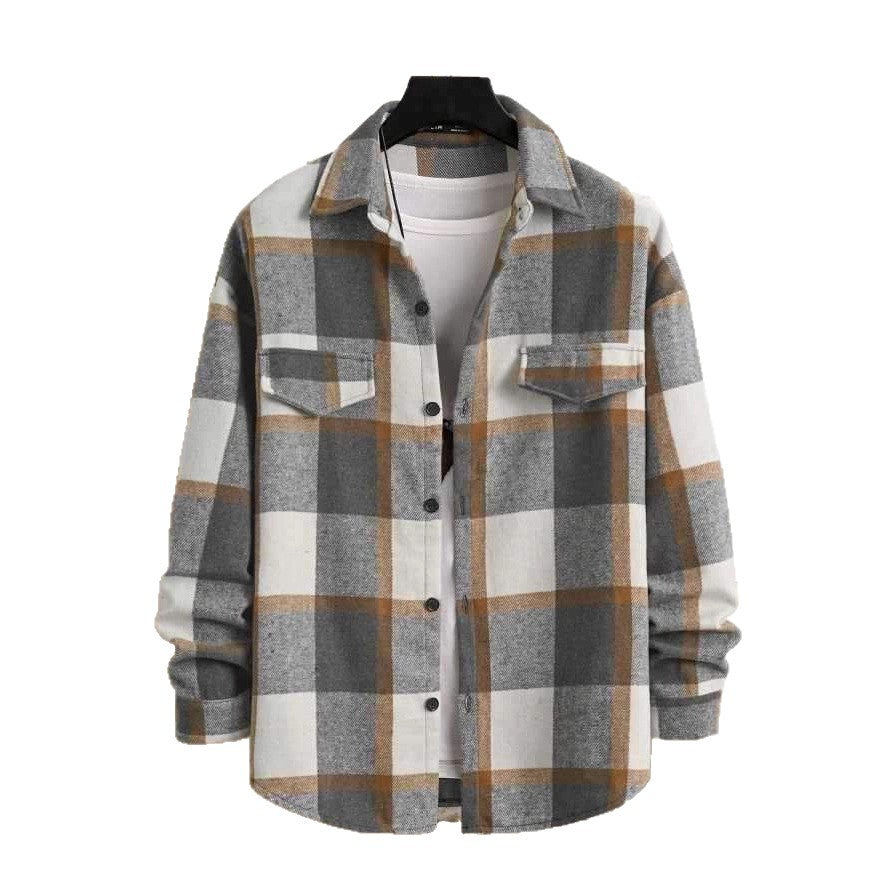 Men's Checked Flannel Shirt Jacket with Chest Pockets and Button Placket Chichicherry