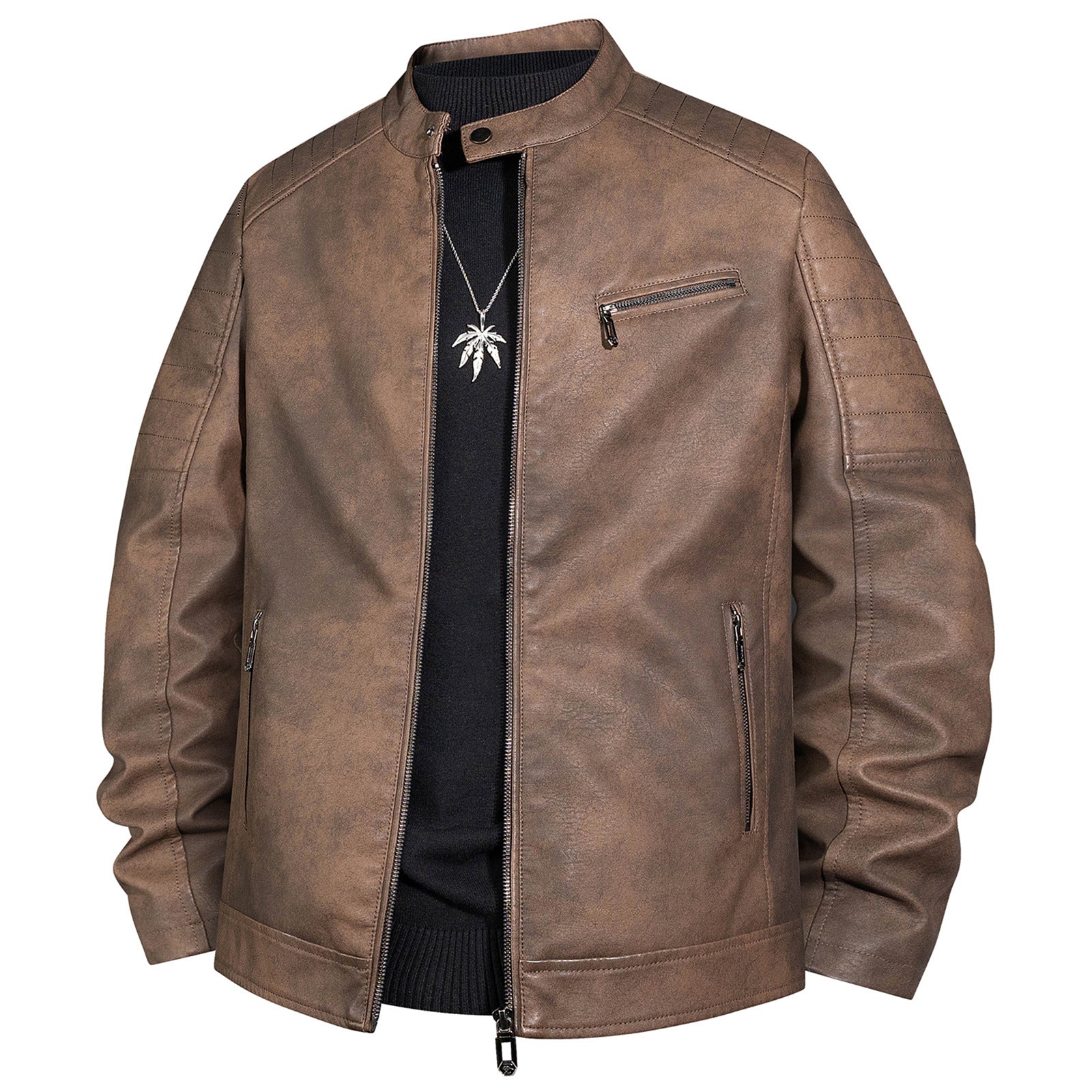 Men's biker jacket made of faux leather with stand-up collar and quilted shoulder Chichicherry