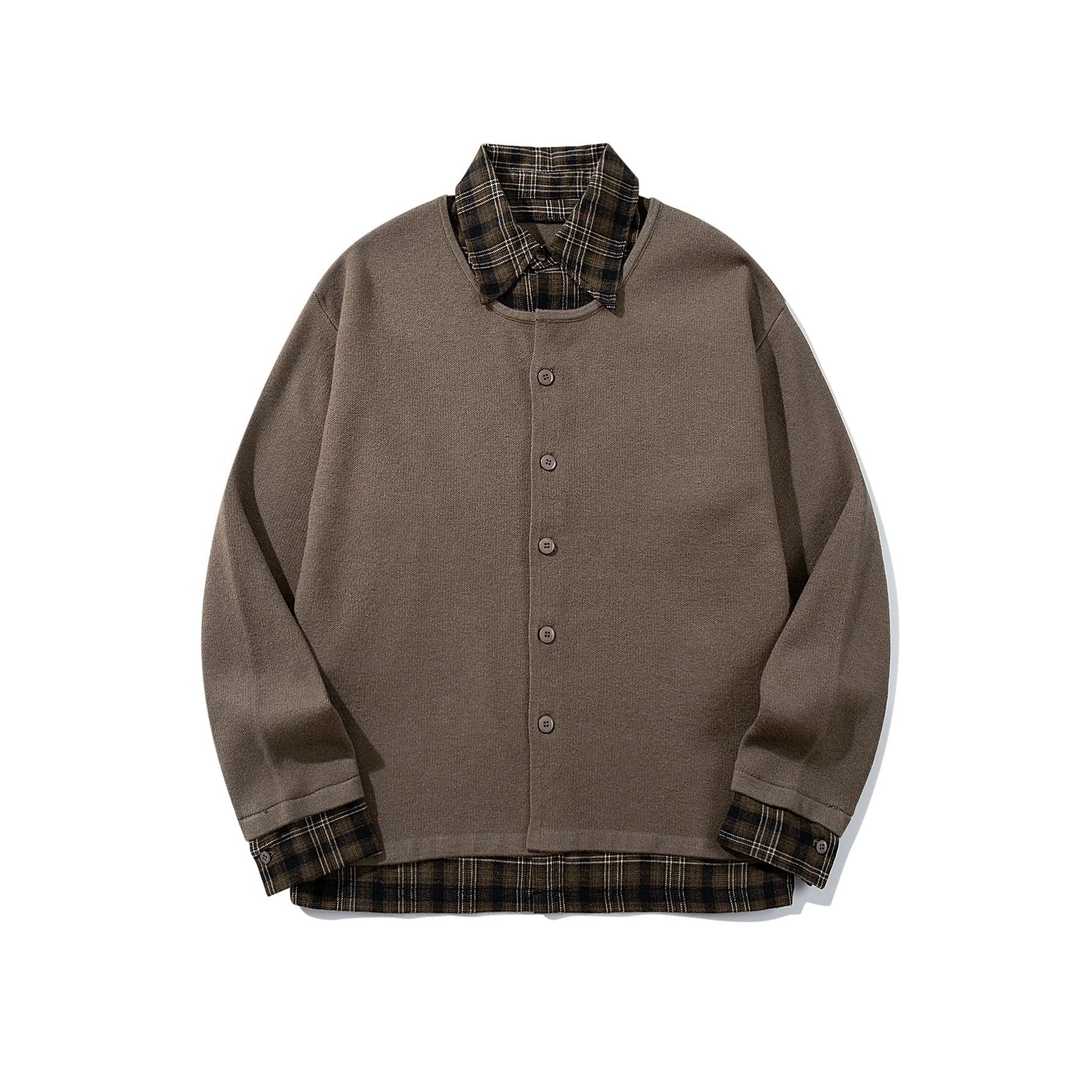 Men's Checked Flannel Shirt Layer with Open Knit Cardigan Chichicherry