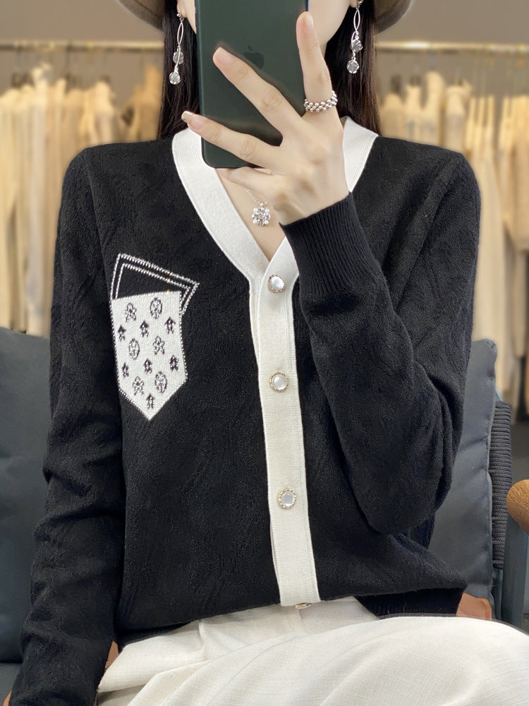 Women's Short-Cut V-Neck Cardigan with Pearl Buttons and Contrasting Breast Pocket Chichicherry