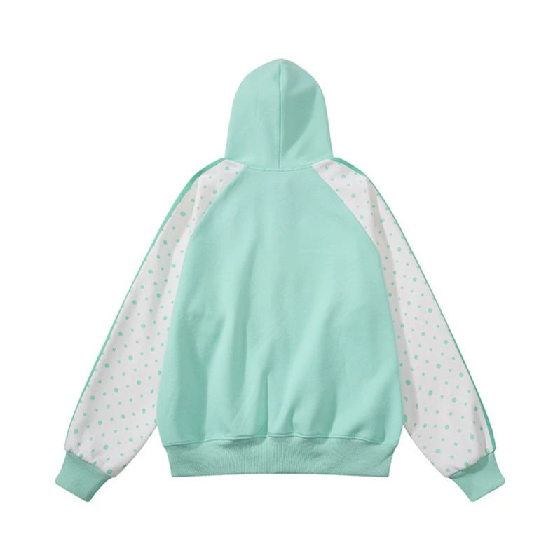 Women's hooded sweatshirt jacket with full zipper, raglan sleeves, and polka dot inserts Chichicherry