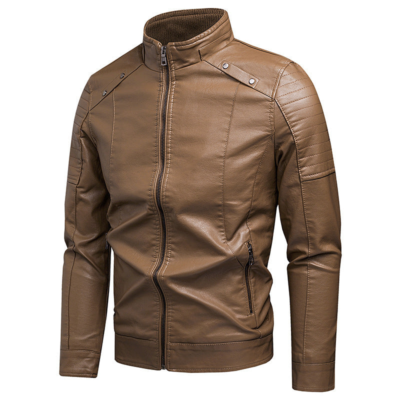 Men's Slim Faux Leather Moto Jacket with Ergonomic Seams and Stand Collar Chichicherry
