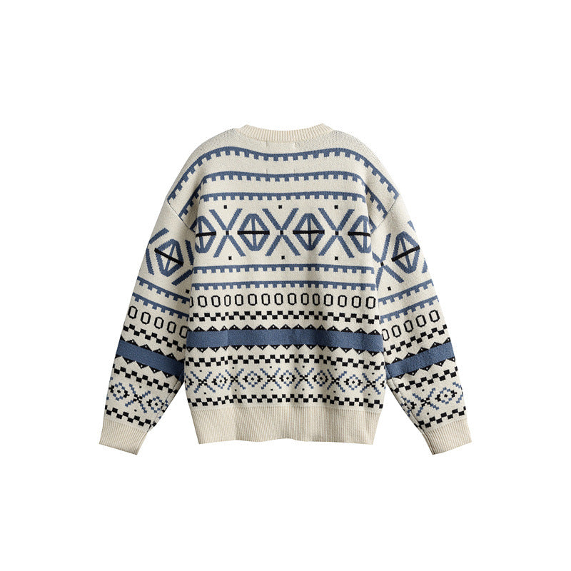 Unisex Patterned Chunky Knit Sweater in Norwegian Style with Round Neck