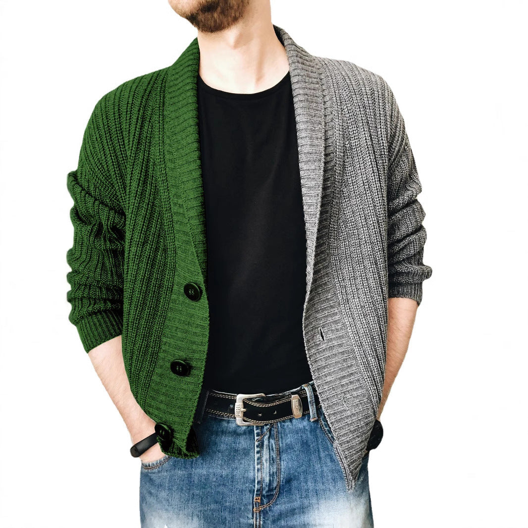 Men's chunky knit cardigan with shawl collar, ribbed texture and distinctive buttons Chichicherry