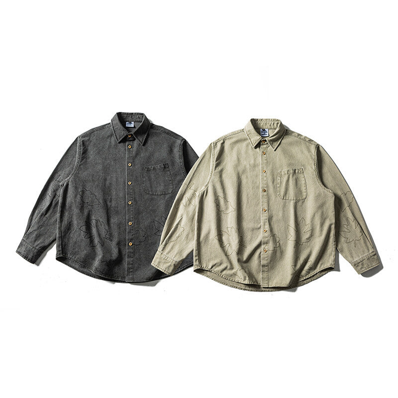 Unisex Oversized Shirt Jacket with Embroidered Leaf Motifs and Rounded Hem Chichicherry