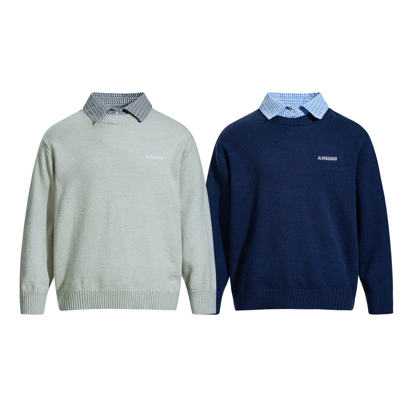 Men's round neck sweater with embroidered logo and layered shirt collar Chichicherry