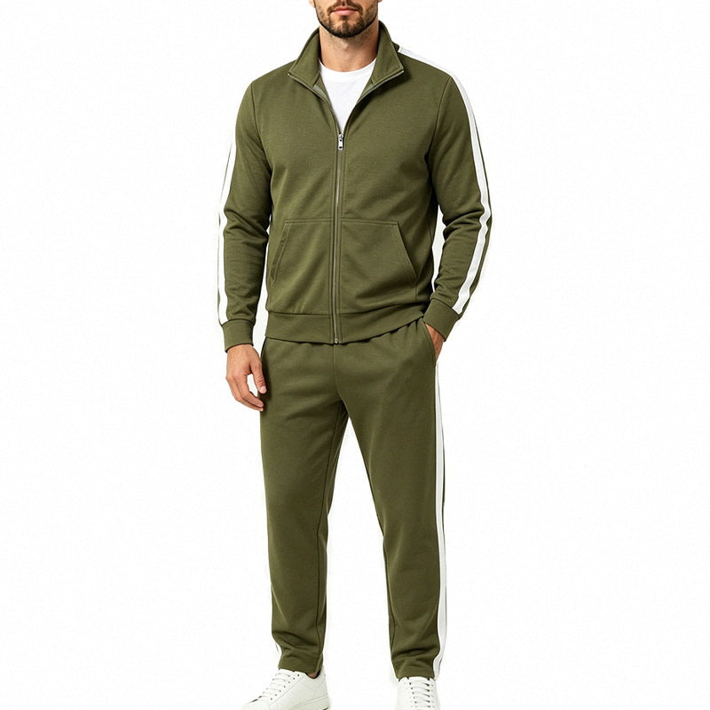 Men's tracksuit set made of French terry with stand-up collar, side stripes, and zip-up jacket Chichicherry