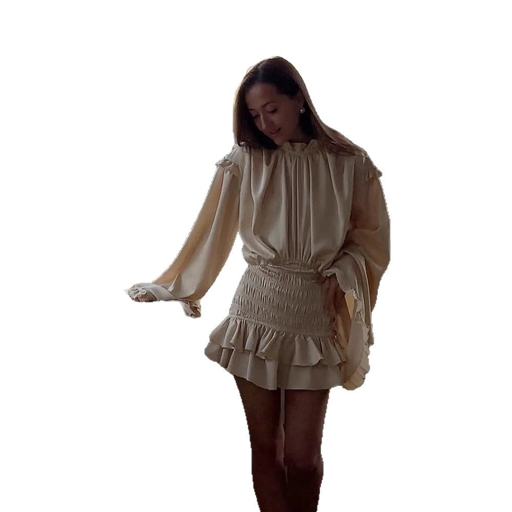Women Satin Mini Dress with Balloon Sleeves, Ruffles & Ruched Waist Chichicherry