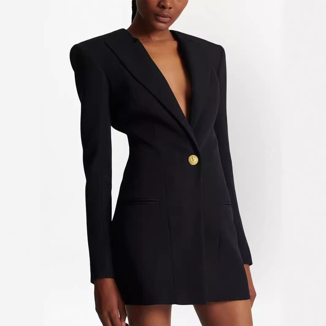 Women's short blazer dress in minimalist tailoring with emphasized shoulder and single-button closure Chichicherry