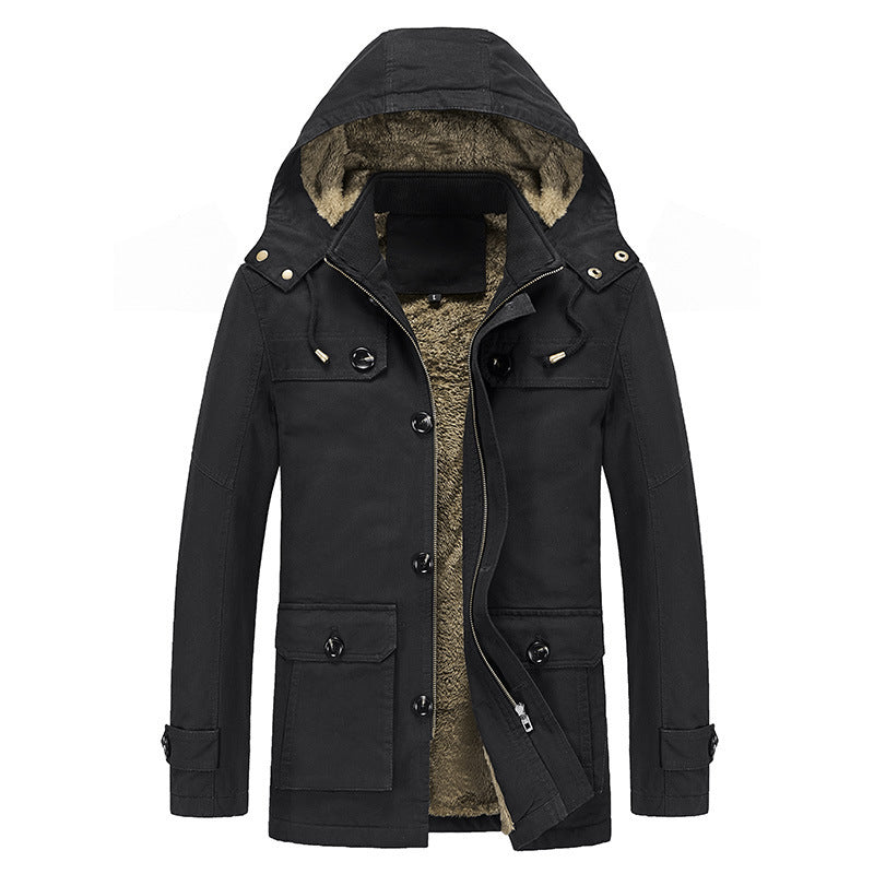 Men's Windproof Canvas Parka with Teddy Fleece Lining, Hood, and Multi-Function Pockets Chichicherry