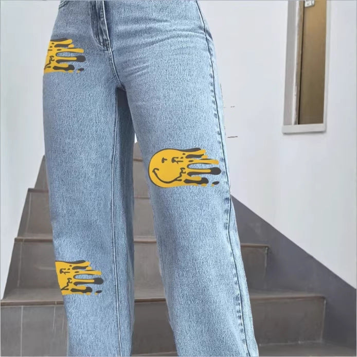 Ladies high-waisted wide denim jeans with striking print spot accents Chichicherry