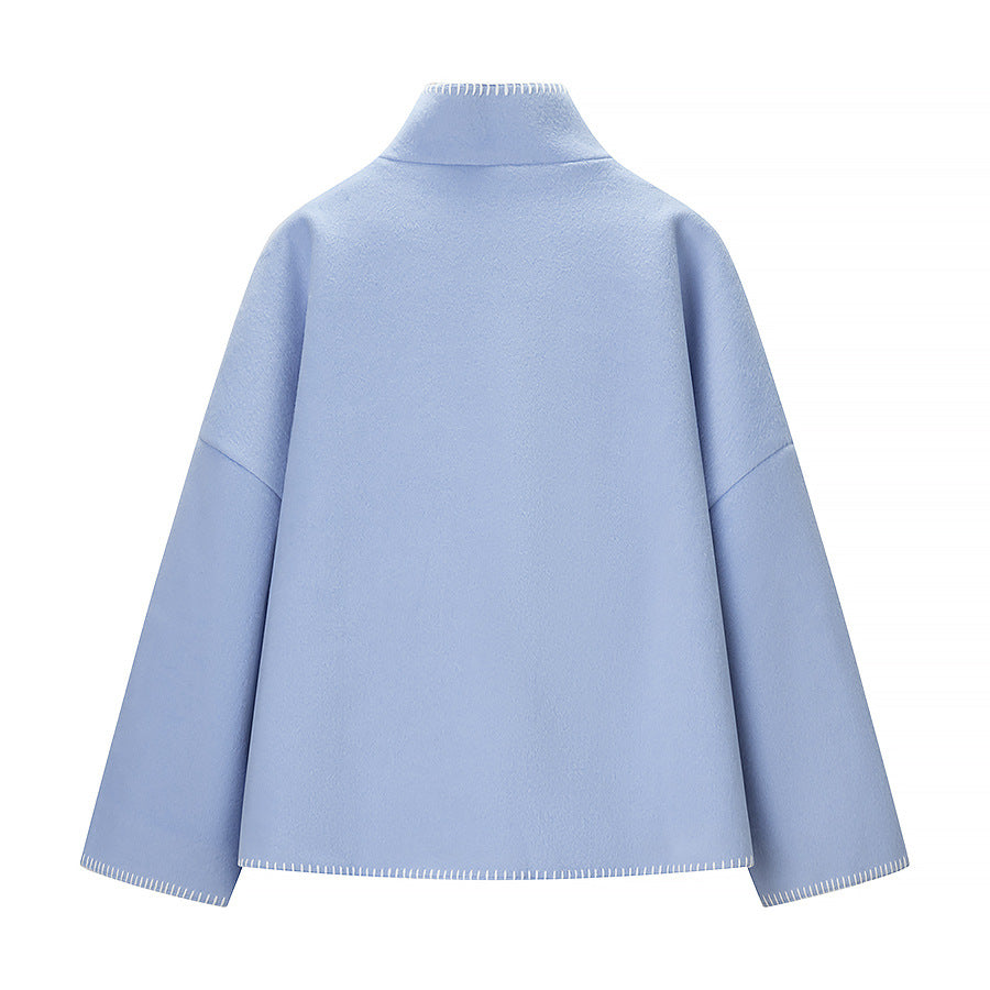 Women's Short Wool Cape Coat with Stand Collar, Contrast Stitching and Snap Button Closure Chichicherry