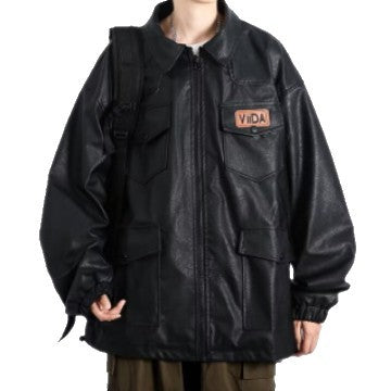 Unisex Oversized Utility Lederimitat Jacke mit Mehreren Klappentaschen Chichicherry