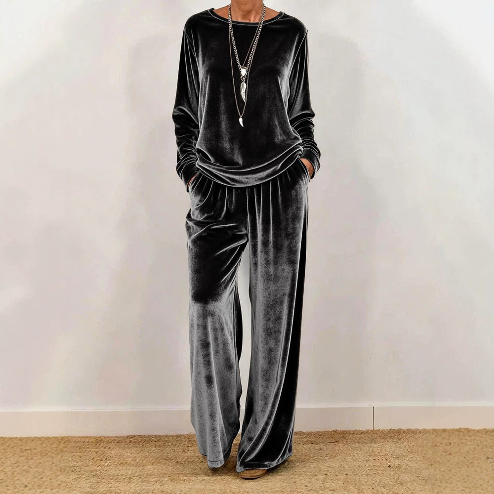 Women's Velvet Lounge Set with Wide Leg and Round Neckline Chichicherry