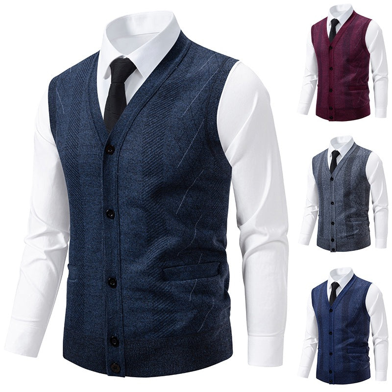 Men's Tailored Fine Knit Vest with V-Neck, Button Placket, and Side Pockets Chichicherry