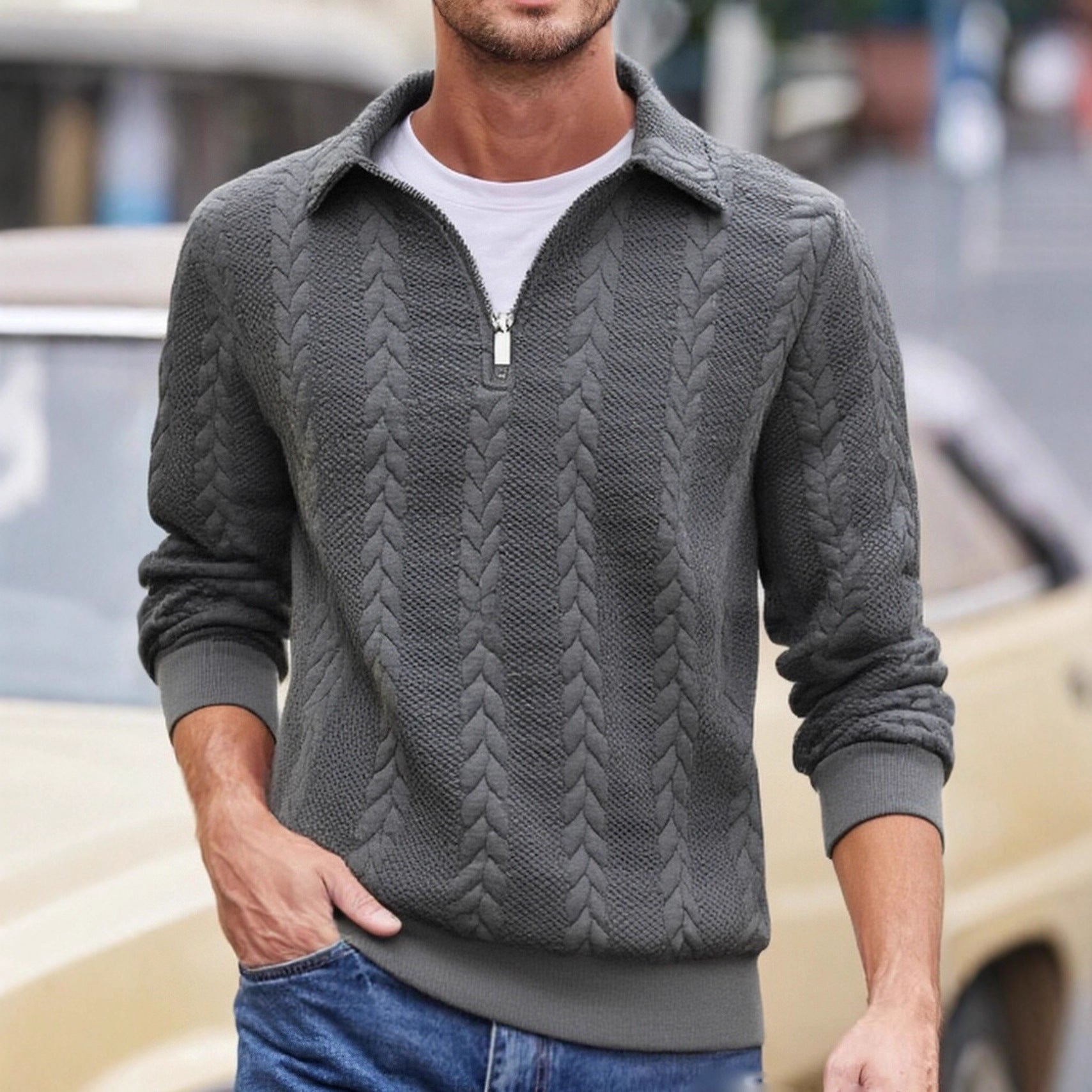 Men's fine structured cable knit sweater with short zipper and Kent collar Chichicherry