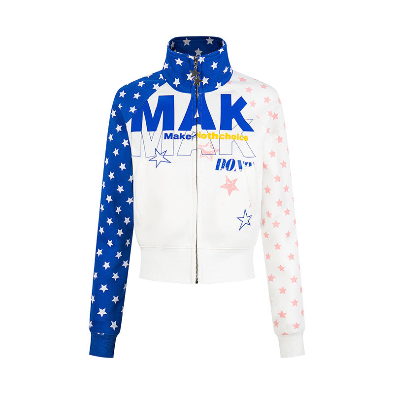 Women's cropped zip-up sweatshirt with stand-up collar, star print, and raglan sleeves Chichicherry
