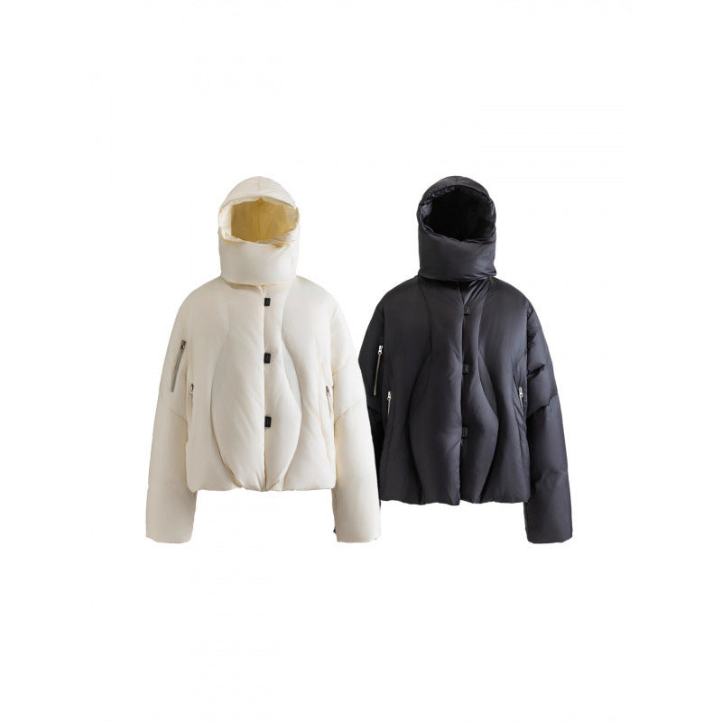 Unisex Short-cut quilted jacket with high collar, hood and zippers Chichicherry