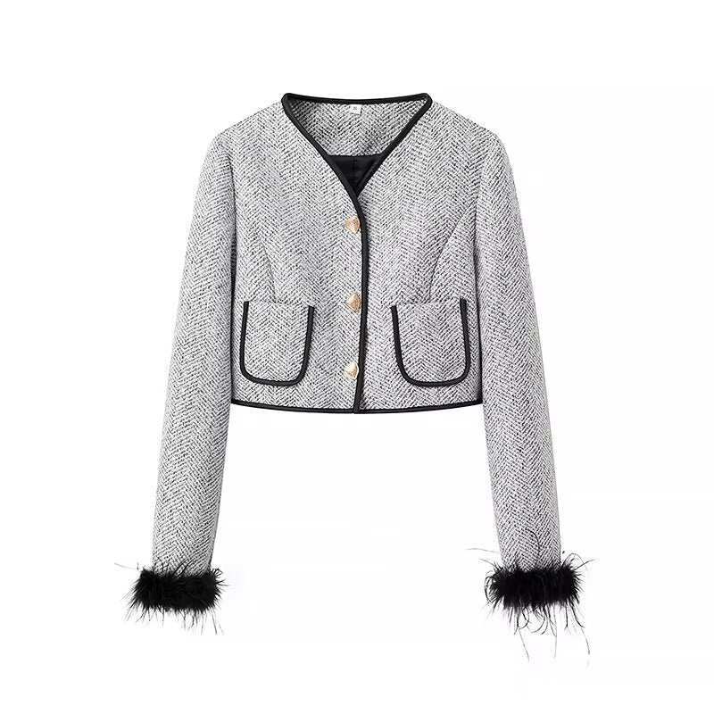 Women's Two-Piece Boucle Tweed Set with Short Blazer, Decorative Buttons and Mini Skirt Chichicherry