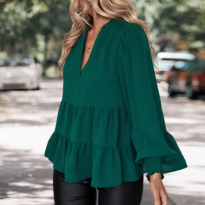 Women's Two-Tier Ruffle Blouse with V-Neck and Gathered Cuff Sleeves Chichicherry