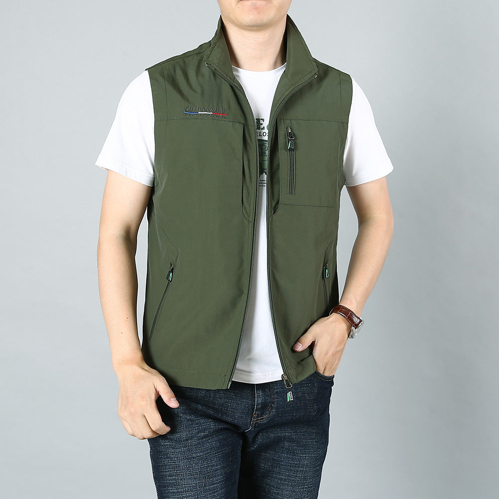 Men's Lightweight Utility Vest with Zipper Pockets and Stand Collar Chichicherry