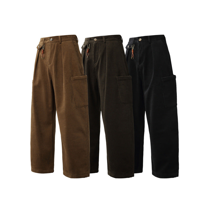 Men's Wide Corduroy Cargo Pants with Pleats, Applied Side Pockets and Relaxed Fit Chichicherry