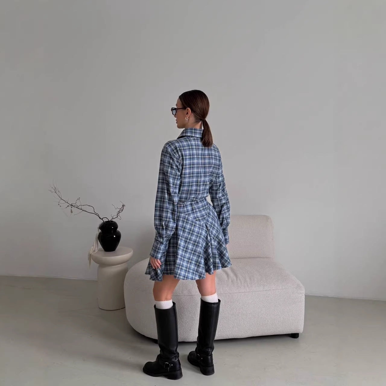 Damen Kariertes Hemdblusen-Minikleid mit ausgestellter Volant-Taille Chichicherry