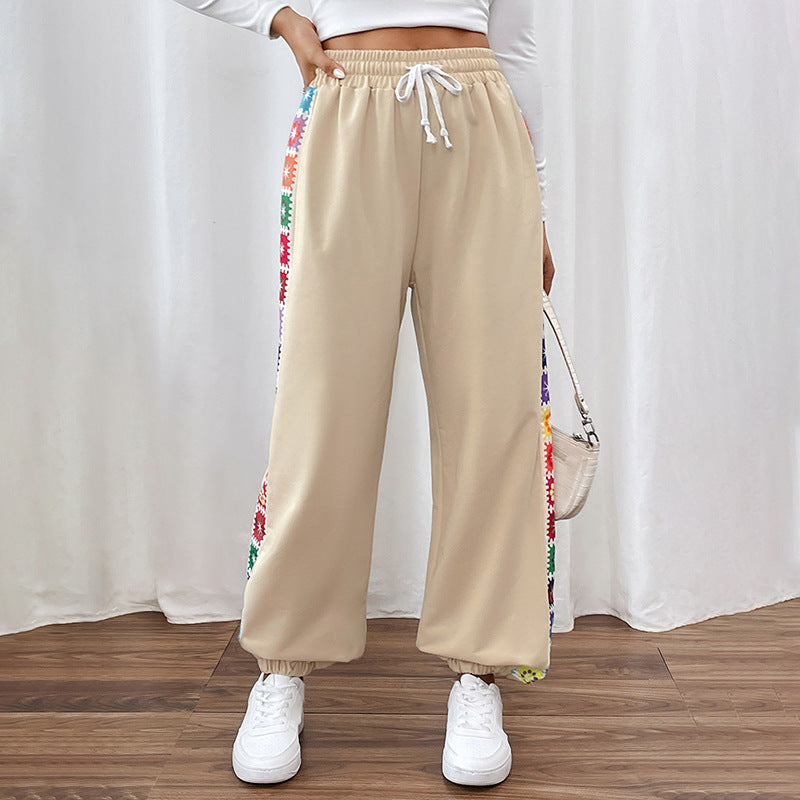 Women Loose Fit Jogging Pants with Elastic Waistband, Drawstring and Colorful Side Stripes Chichicherry