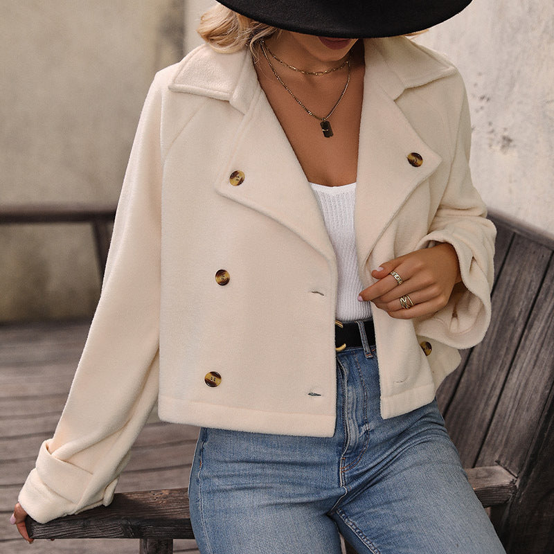 Women's Short Jacket Double-Breasted Wool Blend with Notched Collar and Rolled-Up Sleeves Chichicherry