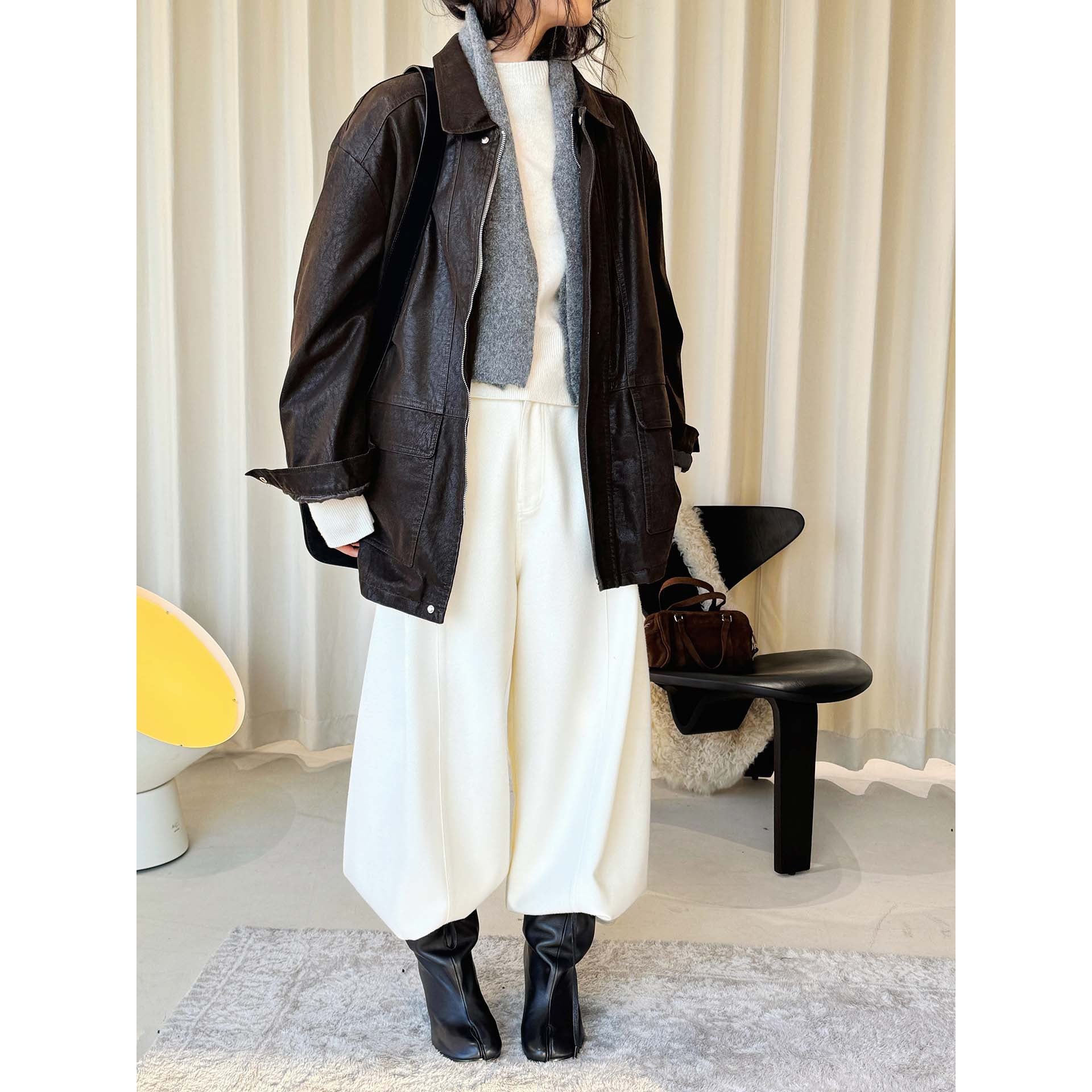 Women Oversized Leather Look Bomber Jacket with Teddy Lining and Metal Zipper Chichicherry