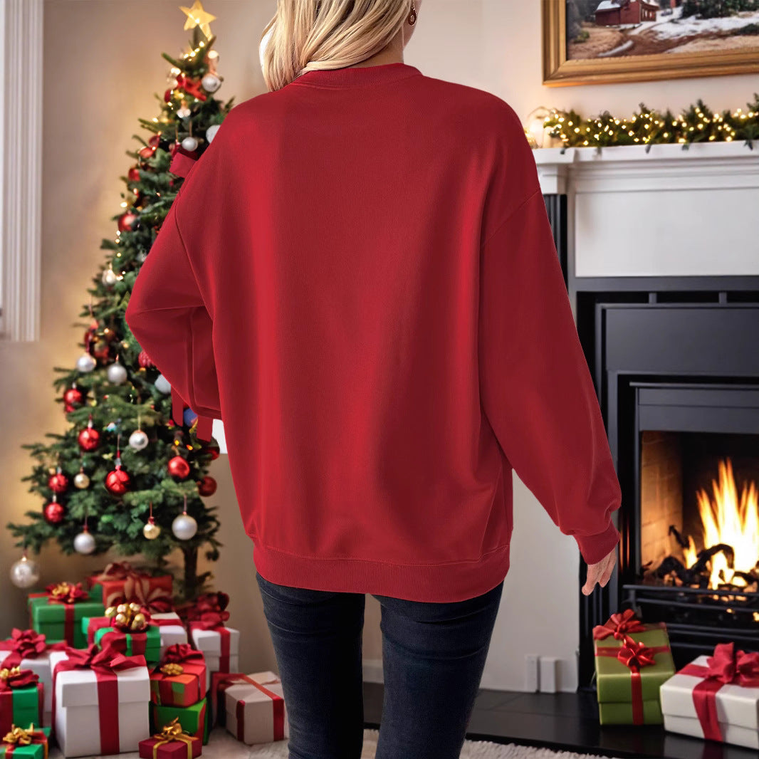 Women's Christmas sweatshirt pullover with heart appliqué and side bows Chichicherry