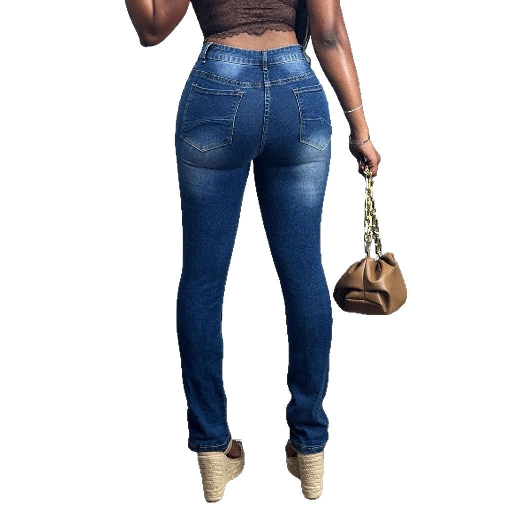Women High-Waisted Skinny Jeans with Side Flower Embroidery Chichicherry