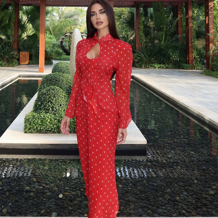 Women's Tailored Midi Dress with Keyhole Neckline, Peplum and Long Puff Sleeves Chichicherry