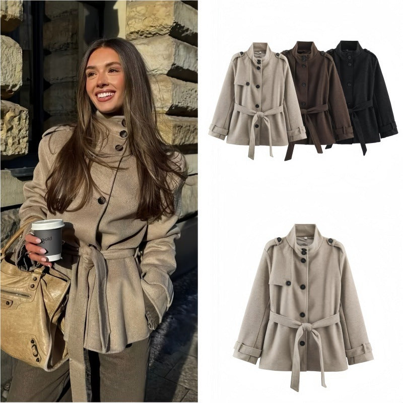 Women Short fitted coat with stand-up collar, shoulder straps and tie belt Chichicherry