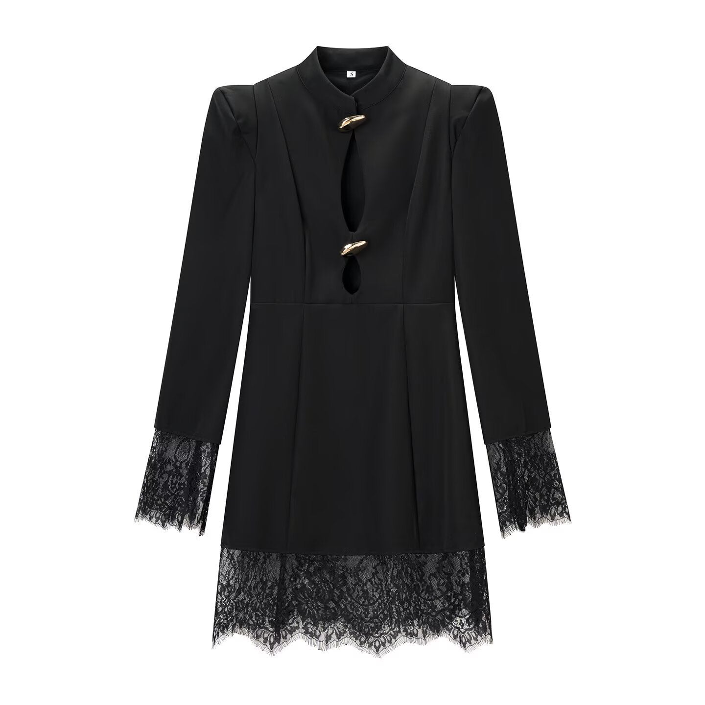 Women's Long Sleeve Mini Dress with Stand Collar, Cut-outs, Golden Decorative Buttons and Lace Trim Chichicherry