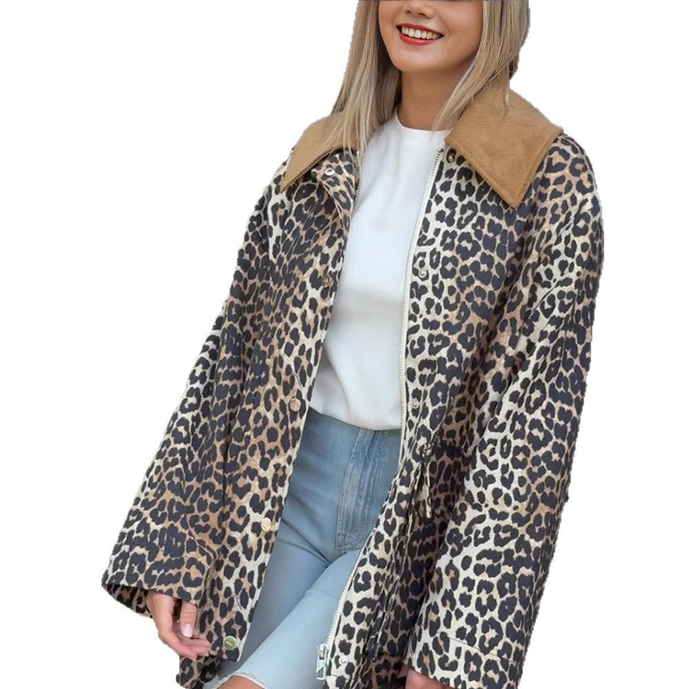 Women's Oversize Field Jacket with Leopard Print and Contrasting Cord Collar Chichicherry