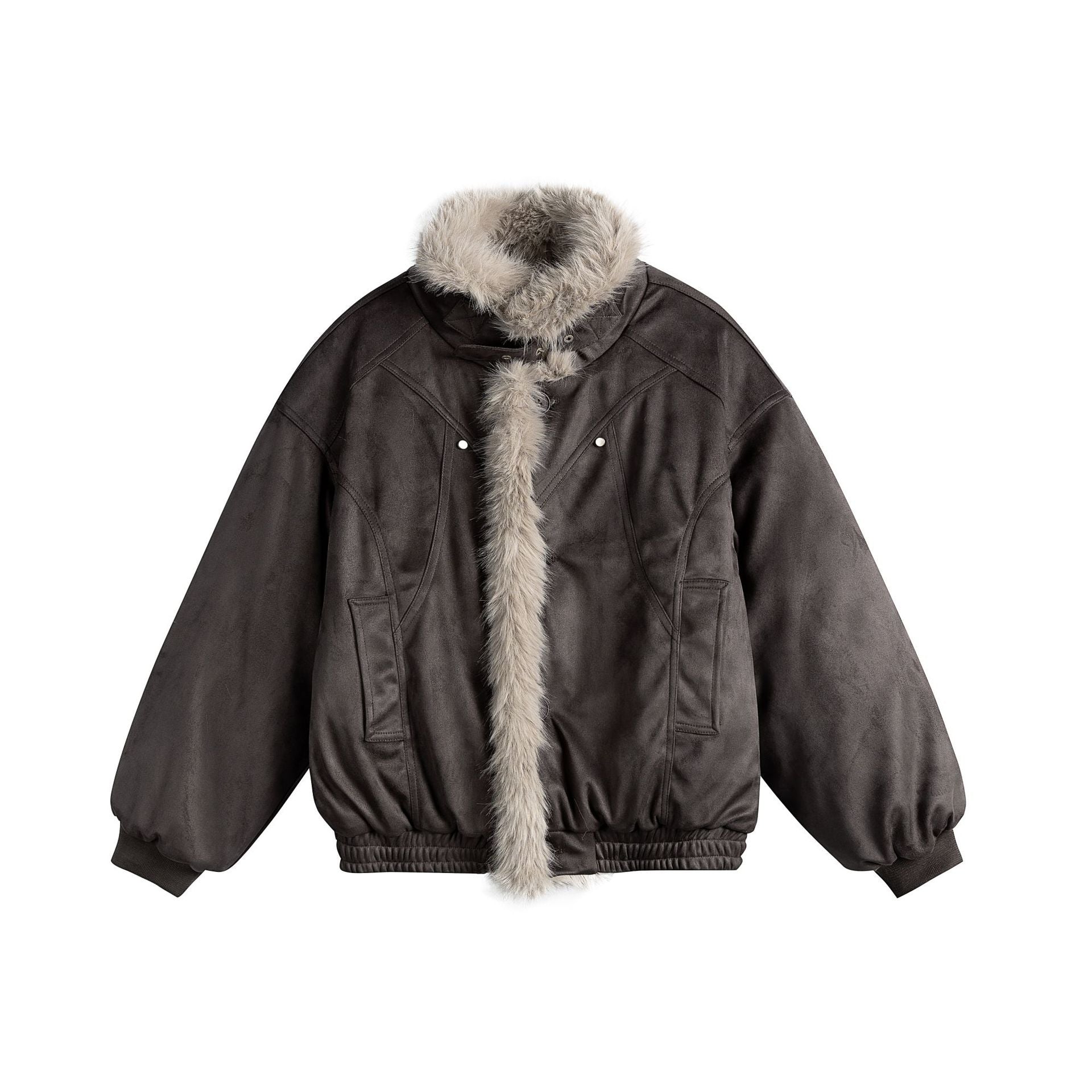 Women's boxy bomber jacket made of faux suede with a voluminous faux fur collar Chichicherry