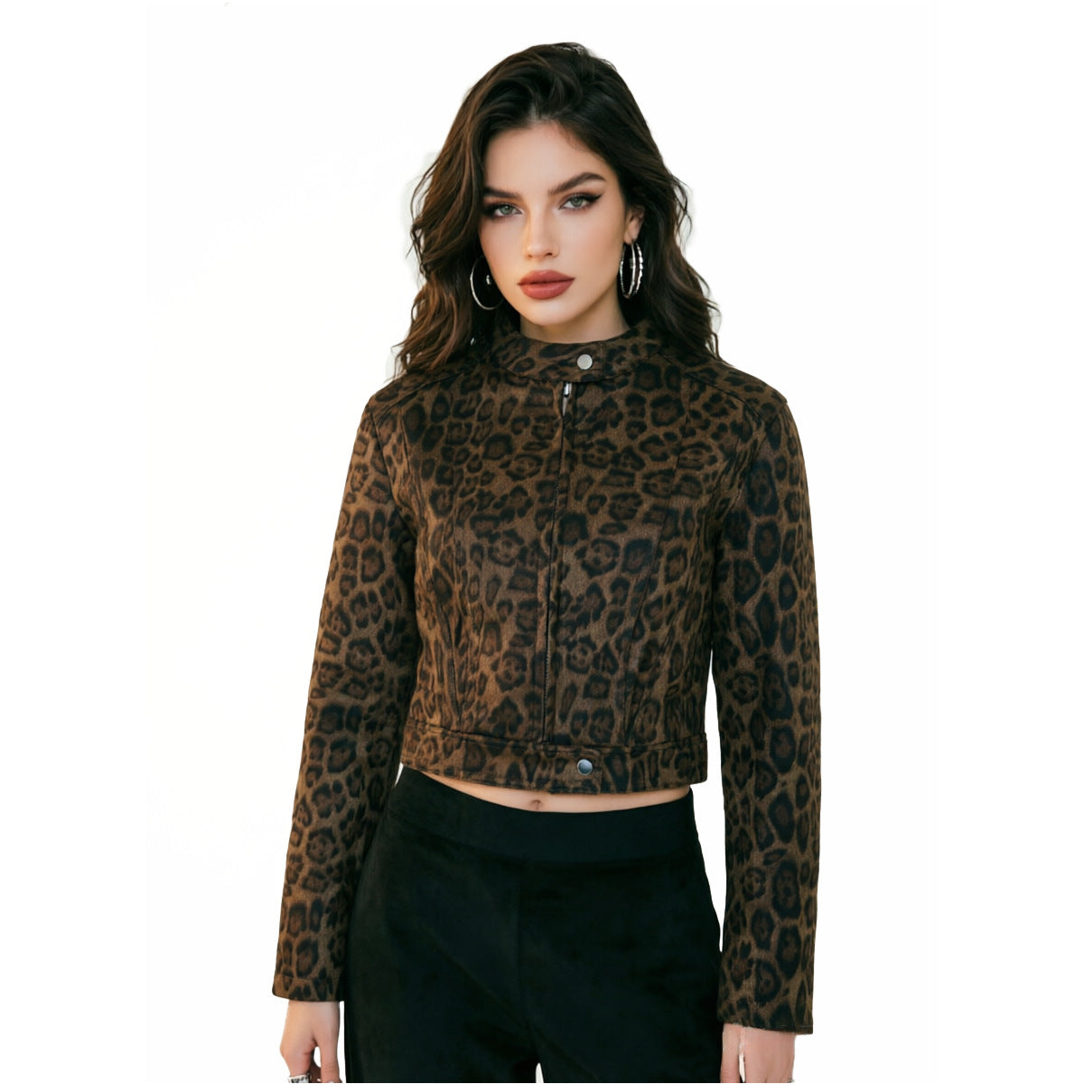 Women Short Jacket with Leopard Pattern and Stand-up Collar Chichicherry