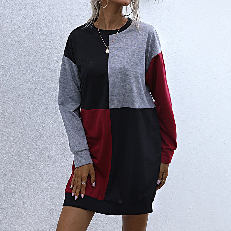 Women's Loose Block Design Sweatshirt Dress with Oversize Fit and Cuffs