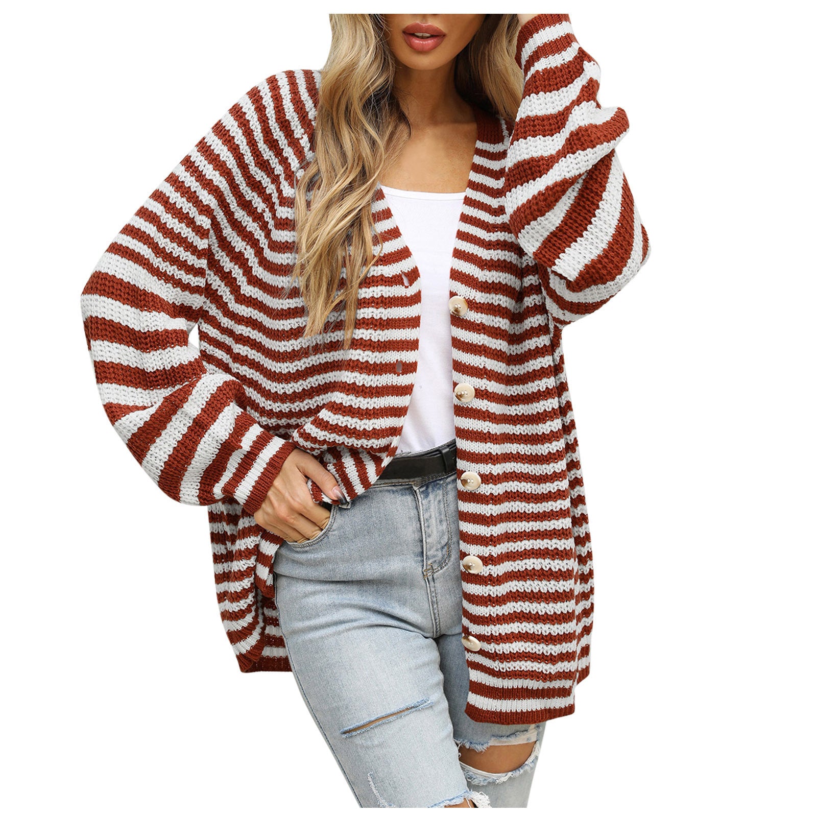 Women's striped oversized cardigan with V-neck and button placket Chichicherry