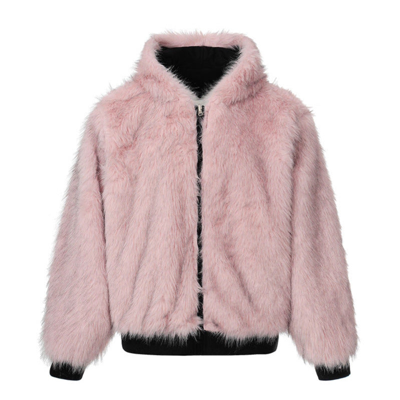 Women Padded Hooded Bomber Jacket with Faux Fur Lining, Velvet Outer Material and Zipper Chichicherry